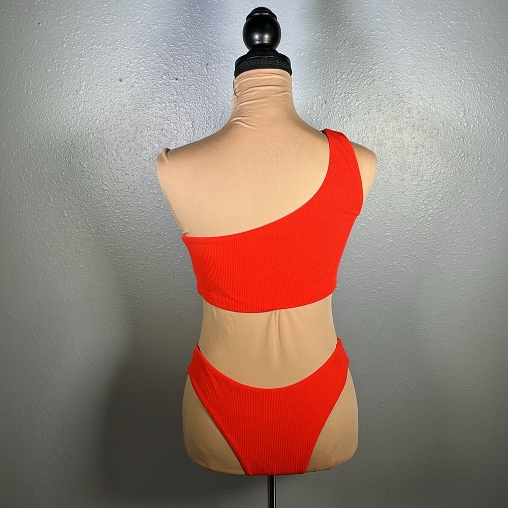 Orange ribbed one shoulder cheeky bikini swimsuit M | euro summer asymmetrical - Picture 3 of 7